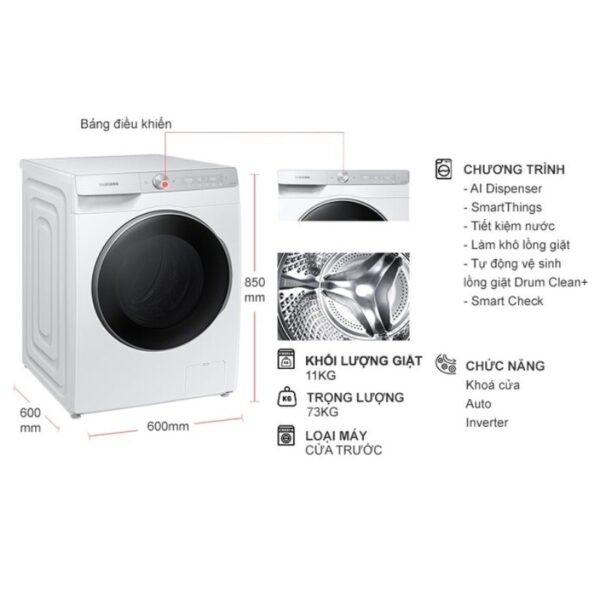 kich thuoc may giat samsung inverter 11 kg ww11cgp44dshsv cua truoc