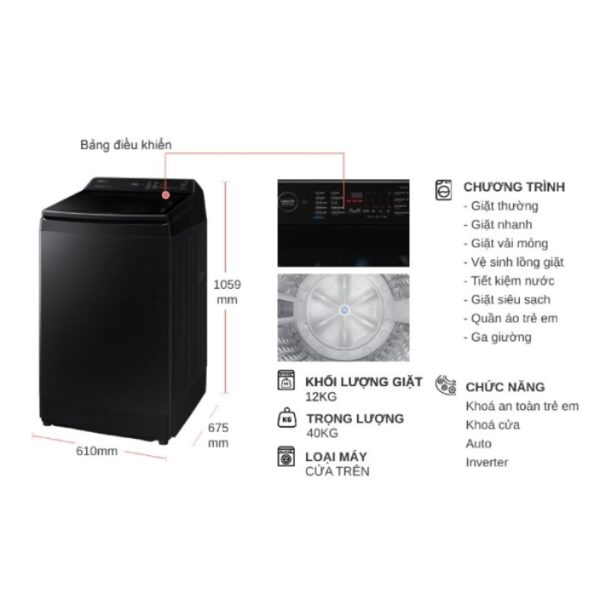 kich thuoc may giat samsung inverter 12 kg wa12cg5745bvsv cua tren