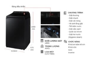 kich thuoc may giat samsung inverter 12 kg wa12cg5886bvsv cua tren