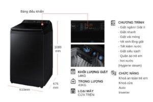 kich thuoc may giat samsung inverter 14 kg wa14cg5886bvsv cua tren