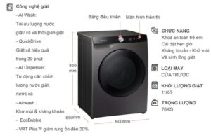 kich thuoc may giat say samsung inverter ai giat 11 kg say 7 kg wd11t734dbx sv