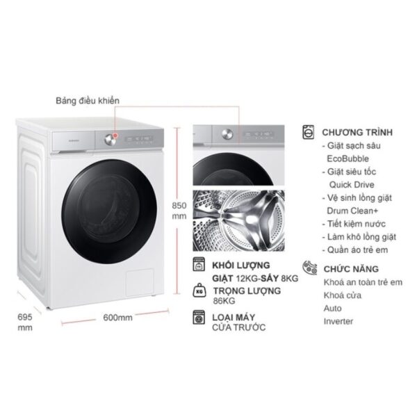 kich thuoc may giat say samsung inverter giat 12 kg say 8 kg wd12bb944dghsv