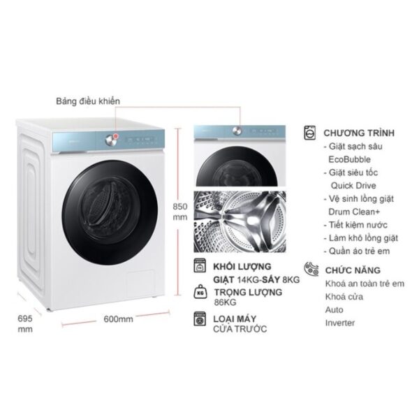kich thuoc may giat say samsung inverter giat 14 kg say 8 kg wd14bb944dgmsv