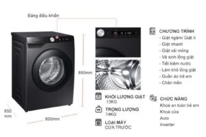 kich thuoc may may giat samsung inverter 13 kg ww13t504dab cua truoc