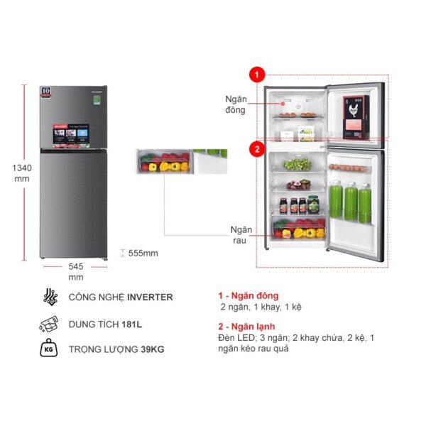 kich thuoc tu lanh 2 canh inverter 181 lit sharp sj x198v sl