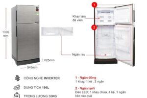kich thuoc tu lanh 2 canh inverter 196 lit sharp sj x201e ds