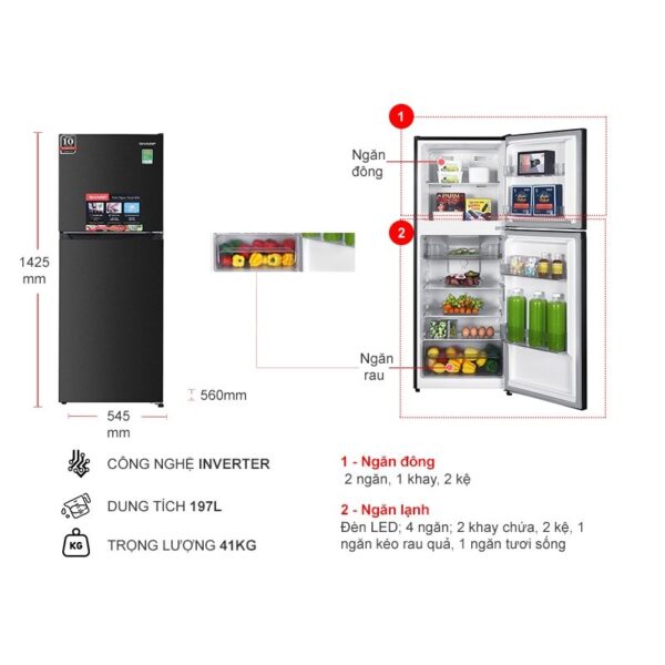 kich thuoc tu lanh 2 canh inverter 197 lit sharp sj x215v dg