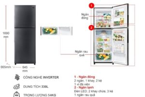 kich thuoc tu lanh 2 canh inverter 330 lit sharp sj xp352ae ds