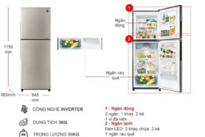 kich thuoc tu lanh 2 canh inverter 360 lit sharp sj xp382ae sl