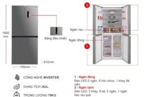 kich thuoc tu lanh 4 canh multi doors inverter 362 lit sharp sj fx420v sl