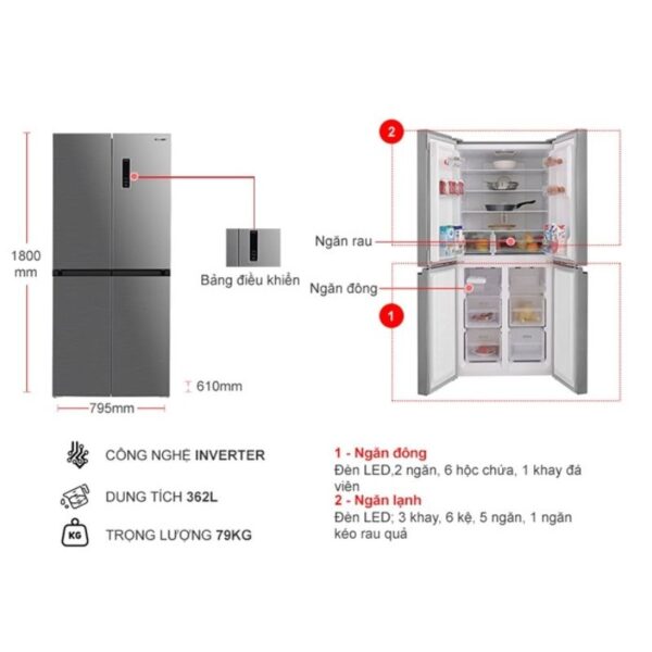 kich thuoc tu lanh 4 canh multi doors inverter 362 lit sharp sj fx420v sl