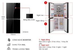 kich thuoc tu lanh 4 canh multi doors inverter 362 lit sharp sj fx420vg bk