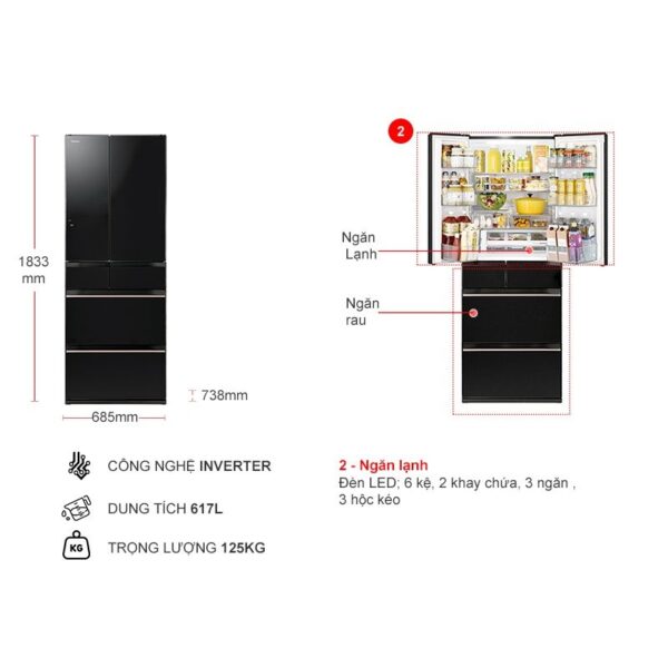 kich thuoc tu lanh 6 canh multi doors inverter 617 lit hitachi r hw620rv