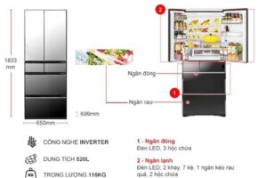 kich thuoc tu lanh hitachi inverter 520 lit r hw530nv x
