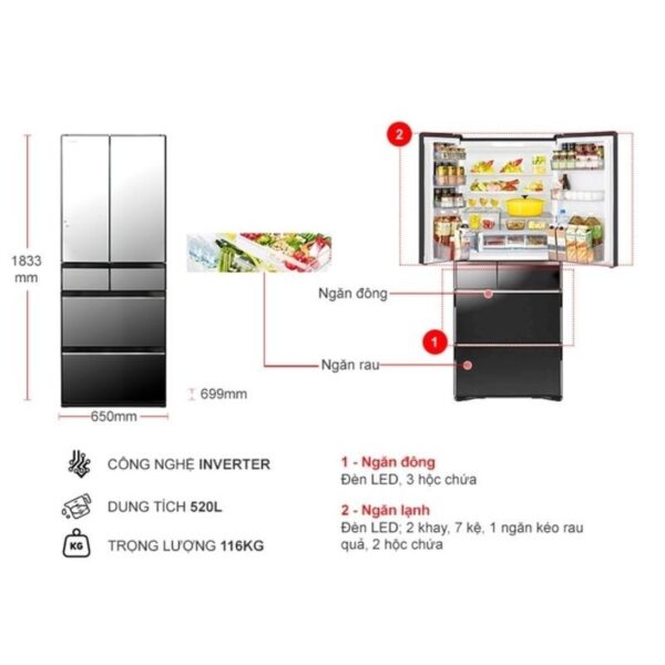 kich thuoc tu lanh hitachi inverter 520 lit r hw530nv