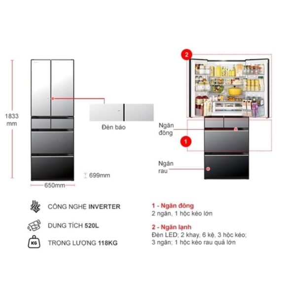 kich thuoc tu lanh hitachi inverter 520 lit r hw540rv