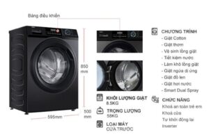 kich thuoc may giat aqua inverter 8 5 kg aqd a852j bk cua truoc