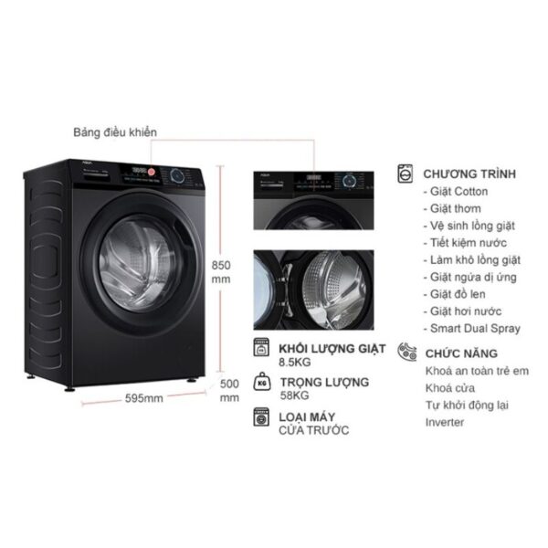 kich thuoc may giat aqua inverter 8 5 kg aqd a852j bk cua truoc