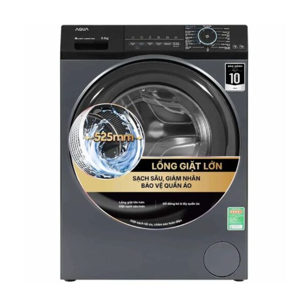 may giat aqua inverter 8 5 kg aqd a852j bk cua truoc