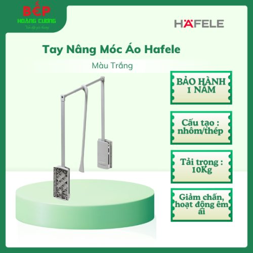 Hafele 805.11.752 Tay nâng hạ móc áo tủ quần áo rộng 650mm - 920mm, Màu Trắng - Hoạt động giảm chấn