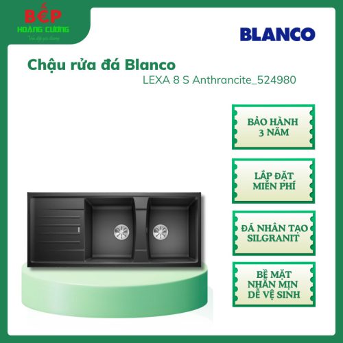 Chậu rửa đá Blanco Lexa 8S Anthracite 524980 màu đen, Đá nhân tạo Silgranit, Bảo Hành 3 Năm