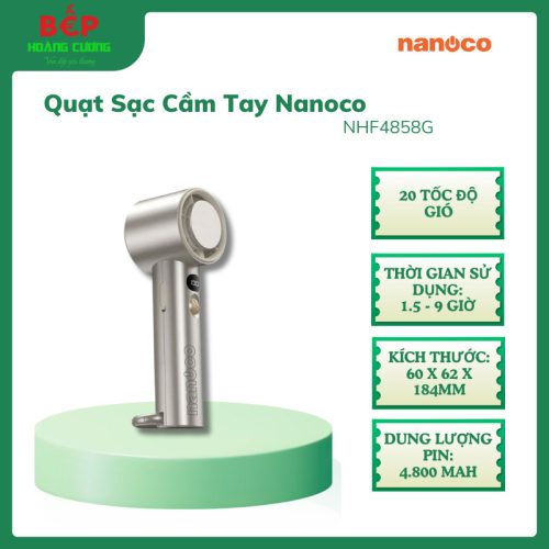 Nanoco Quạt Sạc Cầm Tay NHF4858G – Sò Lạnh, 20 Tốc Độ – Pin Lithium Dung Lượng Cao, Màu Vàng Gold