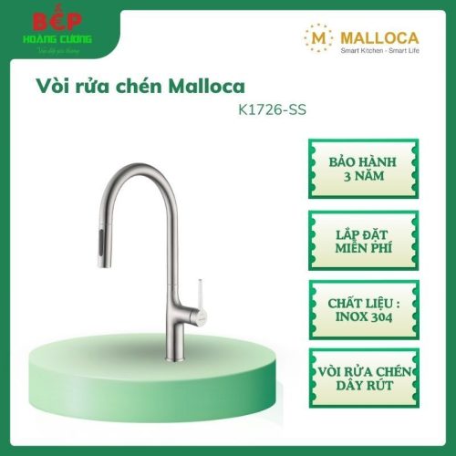 [Malloca] Vòi rửa chén K1726-SS - Chất liệu inox 304, Vòi rửa chén dây rút